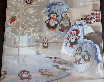 Simplicity Shirley Botsford Sewing Pattern 2532 Penguin Decorations Christmas Tree Skirt Gift Bag Ornaments Seasonal Holiday Decor Uncut FF