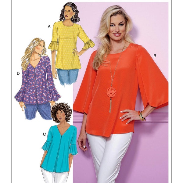 Butterick Sewing Pattern B6456 Tunic Blouse Top with Round or V-Neck Flounced or Tulip Sleeves Misses Women's Size 6-14 Bust 30-36 Uncut FF