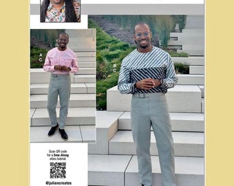 Know Me Julian Collins Creates Sewing Pattern ME2113 Men's Buttoned Shirt Pants Slacks Trousers Plus Size Chest 50-56 Waist 46-52 Uncut FF