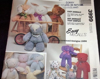 Vintage 1980's McCall's Sewing Pattern 3999/610 Stuffed Plush or Cloth Animals Cat Dog Teddy Bear Bunny Plushies Stuffies Soft Toys Uncut FF
