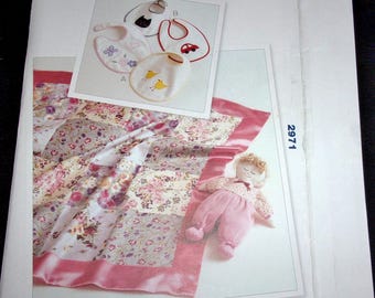 Vtg Kwik Sew Sewing Pattern 2971 Crib Quilt Pieced Blocks Baby Blanket Stuffed Doll Bib with Appliques Infant's Babies Accessories Uncut FF