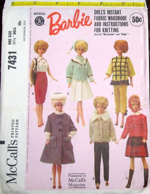 Vintage McCall's Barbie Doll Clothes Fabric Sewing Knitting Pattern #7840