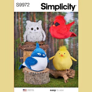 May include: A collection of plush bird toys, including an owl, cardinal, bluebird, and chick. The toys are made of soft fabric and are in various colors. The image includes the text "Simplicity" and "easy-to-sew".