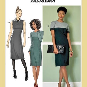 May include: A sewing pattern featuring three dress designs. The dresses are illustrated in gray, teal, and green. The pattern includes the text "Butterick FAST & EASY" and the code "B6410".