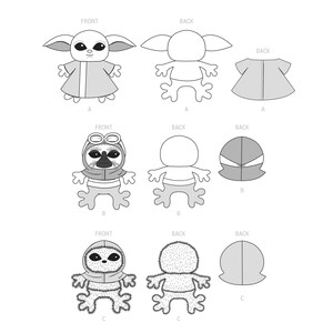 K&ouml;nnte beinhalten: Strichzeichnungen von drei verschiedenen Pl&uuml;schtierdesigns. Jedes Design enth&auml;lt Vorder- und R&uuml;ckansichten sowie separate Schnittmusterteile. Die Designs umfassen eine Figur mit gro&szlig;en Ohren, eine Figur mit Brille und eine pelzige Figur.