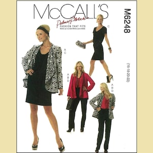 May include: McCall's M6248 sewing pattern featuring women's fashion designs. The pattern includes options for a dress, jacket, and pants. The image shows models wearing the finished garments in various colors and patterns. The text "Fashion That Fits" is also visible.