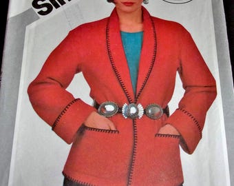 Vtg 1980s Simplicity Sewing Pattern 5649 Coat Jacket Pockets Blanket Stitch Trim Misses Womens Outerwear Plus Size 18-20 Bust 40-42 Uncut FF