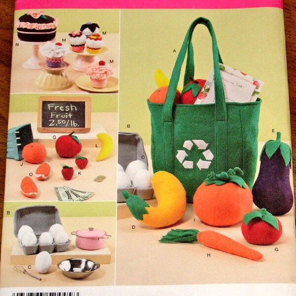 Simplicity 2445 Felt Play Food Set, Fruit Vegetables, Eggs Cupcake Cake Market Tote Educational Toy Craft Sewing Pattern Uncut Factory Folds