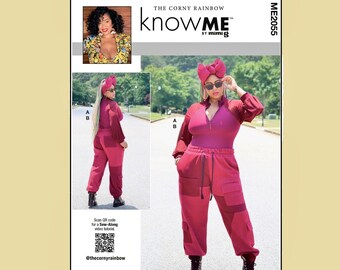 May include: A promotional image for a clothing pattern. The image features a woman wearing a two-piece maroon outfit with a matching head wrap. The top is a long-sleeved shirt with a zipper. The pants have cargo pockets. The text "KNOW ME" is visible.