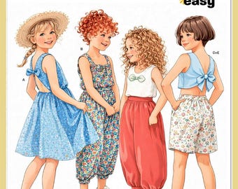 New Look Sewing Pattern N6833 Girl's Sleeveless Dress Playsuit Top Front & Back Bow Elastic Waist Pants Shorts Size 3-8 Chest 21-26 Uncut FF