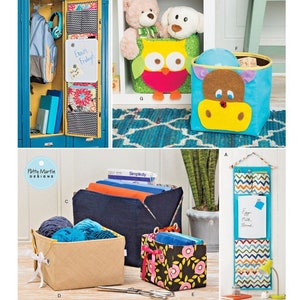 May include: Simplicity pattern featuring various storage solutions. Includes a locker organizer, fabric bins with floral and geometric patterns, and animal-themed storage containers. The image also shows a whiteboard with the text "Exam Friday!"