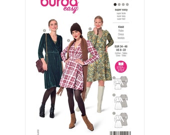Burda Easy Sewing Pattern 5943 Midi and Mini Long Sleeve Dress with Overlap Bodice Misses Women's Size US 8-22 EU 34-48 Bust 30-43 Uncut FF