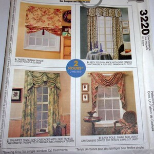 May include: A sewing pattern envelope labeled 3220 featuring four window treatment designs: a floral Roman shade with a tassel, a valance with side panels, green curtains with cascades, and a red floral swag with jabot, all marked as 2 hours.