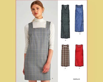 New Look Sewing Pattern 6572 Mini Midi Maxi Jumper Dress V-Neck or Square Neck Patch Pockets Misses Women's Size 8-20 Bust 31-42 Uncut FF
