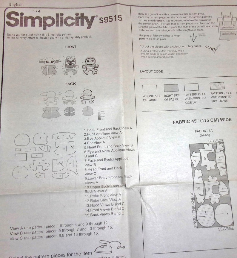 K&ouml;nnte beinhalten: Simplicity Schnittmuster S9515. Das Muster enth&auml;lt Anweisungen und Vorlagen zum Erstellen verschiedener Pl&uuml;schtiere mit Charakteren. Die Schnittteile sind auf wei&szlig;em Hintergrund mit Illustrationen der fertigen Spielzeuge angeordnet.