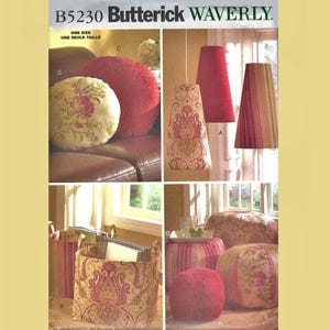 May include: A collage of home decor items, including round pillows, lampshades, and storage bins. The items feature floral and damask patterns in red, cream, and gold. The text "Butterick Waverly" is at the top.