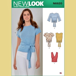May include: New Look pattern N6620 sewing instructions featuring a light blue short-sleeved top with a waist tie. The envelope displays four variations of tops, including a floral print, a solid yellow sleeveless top, and a red sleeveless wrap top.