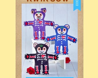 Kwik Sew Sewing Pattern K4303 Plush Animals 14" Bear Cat Dog Soft Toys Stuffed Plushie Dolls Optional Floral Heart Skeleton Trim Uncut FF