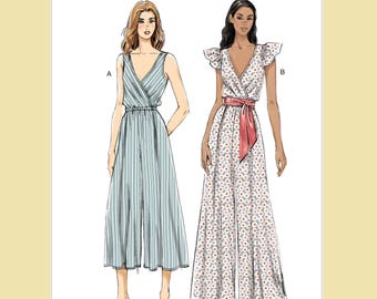 Vogue Sewing Pattern VP964/V9321 Wrap Jumpsuit & Romper Wide Legs Back Ties Elastic Waist Women's Misses Plus Size 14-22 Bust 36-44 Uncut FF