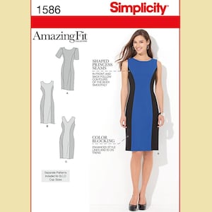 May include: Simplicity Amazing Fit dress pattern. The image shows a woman wearing a color-blocked dress with a blue center panel and black side panels. The pattern includes shaped princess seams and is available in B, C, and D cup sizes.