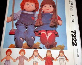 Vintage McCall's Sewing Pattern 7222 Boy and Girl 22" Rag Doll with Yarn Hair & Country Clothes Wardrobe Soft Stuffed Cloth Dolls Uncut FF