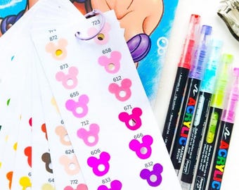 Plantilla descargable de muestrario para colorear de Mickey (para el juego de 168 rotuladores de pintura acrílica GuangNa) para imprimir y colorear.