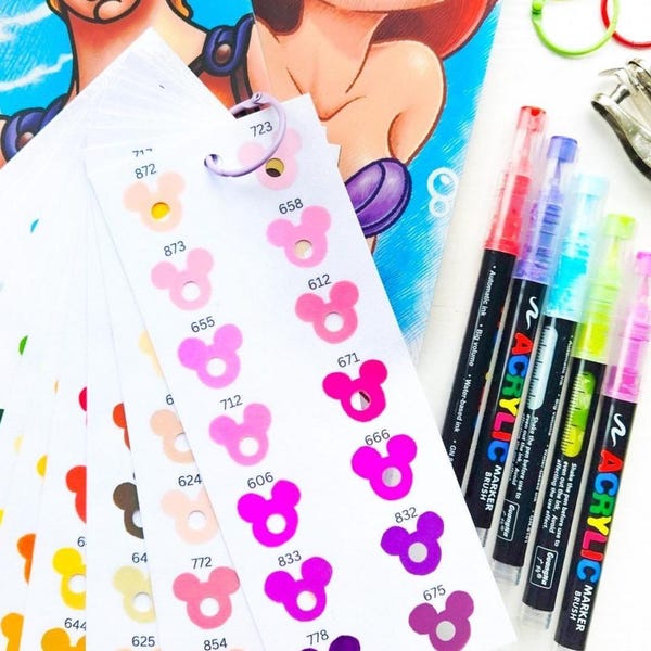 Mickey Downloadable Colouring Swatch Book Template (for 168 GuangNa Acrylic Paint pen set) to print and colour in yourself