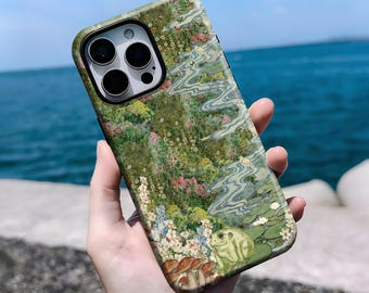 Green Forest Frog & Mushroom Collage Phone Case - Retro Nature-Inspired iPhone 16, 15, 14, 13, 12, 11 Pro Max Plus X,Samsung S25 S24 S23 S22