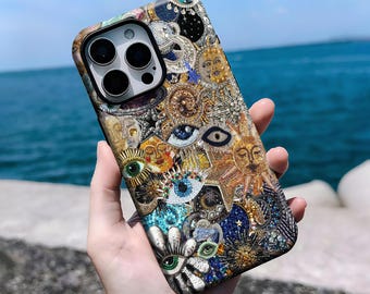 Vintage Mosaic Collage Phone Case, Sun Celestial Mosaic Phone Case, iPhone 16, 15, 14, 13, 12, 11 Pro Max Plus X, Samsung S25 S24 S23 S22