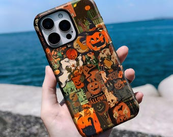 Halloween Phone Case, Ghosts, Pumpkins Collage Horror Aesthetic For iPhone 16, 15, 14, 13, 12, 11 Pro Max Plus X, Samsung S25 S24 S23 S22