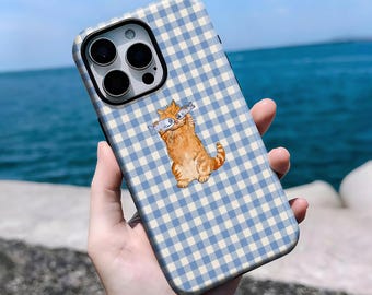 Custodia per telefono vintage con motivo a griglia con gatto e pesce, divertente e creativa, per iPhone 16, 15, 14, 13, 12, 11 Pro Max Plus X, Samsung S25 S24 S23 S22