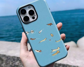 Cute Swimming Dogs Case,Blue Ocean Puppy Aesthetic Summer Beach Design,iPhone 16, 15, 14, 13, 12, 11 Pro Max Plus X, Samsung S25 S24 S23 S22