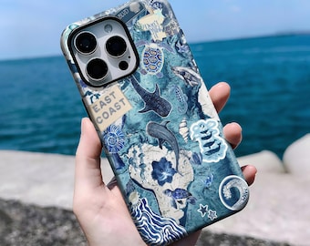 Funda para teléfono con collage retro de temática oceánica, ballena, tortuga, tiburón y medusa, para iPhone 16, 15, 14, 13, 12, 11 Pro Max Plus X, Samsung S25, S24, S23 y S22.