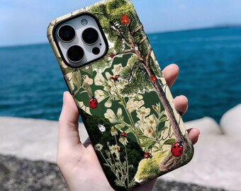 Vintage Botanical Ladybug Phone Case - Nature Illustration Cover iPhone 16, 15, 14, 13, 12, 11 Pro Max Plus X, Samsung S25 S24 S23 S22