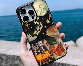 Aesthetic Myself Brave Case, Vintage Moon Cat Collage, Whimsical Night Sky,iPhone 16, 15, 14, 13, 12, 11 Pro Max, Samsung S25 S24 S23 S22