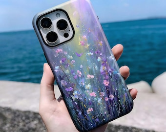 Telefoonhoesje Impressionist Wildflowers, dromerige paarse en blauwe tinten, iPhone 16, 15, 14, 13, 12, 11 Pro Max Plus X, Samsung S25 S24 S23 S22