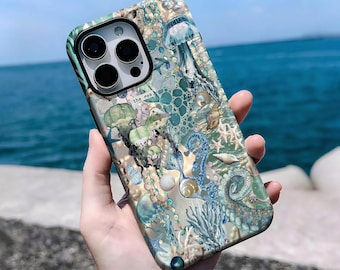 Fantasy Iridescent Ocean Phone Case - Jellyfish & Octopus Cover, For iPhone 16, 15, 14, 13, 12, 11 Pro Max Plus X,Samsung S25 S24 S23 S22