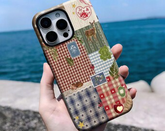 Vintage Countryside Patchwork Phone Case - Cottagecore Whimsical Cover,iPhone 16, 15, 14, 13, 12, 11 Pro Max Plus X, Samsung S25 S24 S23 S22