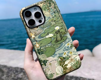 Vintage Frog Pond Phone Case Collage, Frog Art, Compatible with  iPhone 16, 15, 14, 13, 12, 11 Pro Max Plus X,Samsung S25 S24 S23 S22
