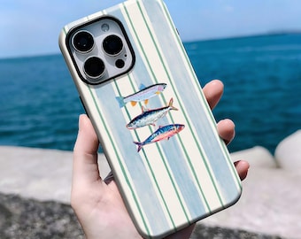 Vintage Fish Stripes Case, Coastal Nautical, Hand-Painted Fish Art, iPhone 16, 15, 14, 13, 12, 11 Pro Max Plus X, Samsung S25 S24 S23 S22