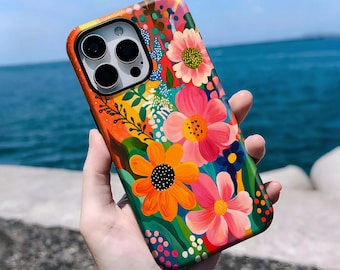 Vibrant Colorful Folk Floral Case,Bright Abstract Wildflower Art Cover, iPhone 16, 15, 14, 13, 12, 11 Pro Max Plus X,Samsung S25 S24 S23 S22