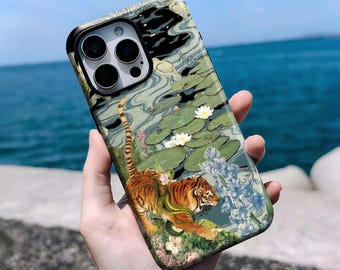 Vintage Tiger & Lotus Pond Phone Case, Oriental Floral, Exotic Nature Art iPhone 16, 15, 14, 13, 12Pro Max Plus X,Samsung S25 S24 S23 S22