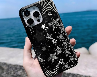 Black Grunge Star Phone Case,Dark psychedelic star pattern,Spiral Stars,iPhone 16, 15, 14, 13, 12, 11 Pro Max Plus X,Samsung S25 S24 S23 S22