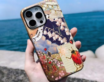 Spring Ladybug & Lily of the Valley Phone Case -Whimsical Collage Case iPhone 16, 15, 14, 13, 12, 11 Pro Max Plus X, Samsung S25 S24 S23 S22