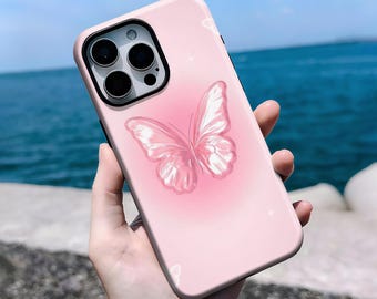 Rosa fjärilsskal till iPhone, flickigt mobilskal, kompatibelt med iPhone 16, 15, 14, 13, 12, 11 Pro Max Plus X, Samsung S25 S24 S23 S22