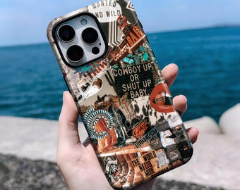 レトロウエスタンコラージュiPhoneケース：カウボーイカウガールアート。iPhone 16、15、14、13、12、11 Pro Max Plus X、Samsung S25 S24 S23 S22に対応。