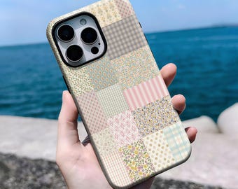 Quilt Patchwork Floral Phone Case, Cottagecore Aesthetic Tough Cover, iPhone 16, 15, 14, 13, 12, 11 Pro Max Plus X, Samsung S25 S24 S23 S22