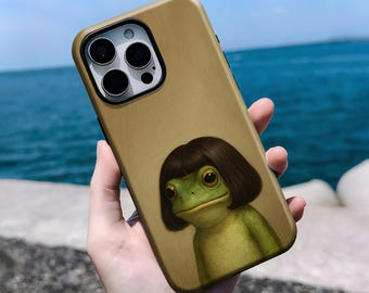 Cute Frog with Bob Haircut Phone Case, Quirky Cartoon Frog Cover -  for iPhone 16, 15, 14, 13, 12, 11 Pro Max Plus X,Samsung S25 S24 S23 S22