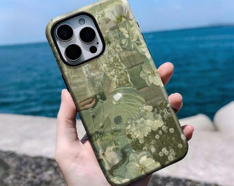 Vintage Botanical Floral Phone Case, Green Cottagecore Collage Cover, iPhone 16, 15, 14, 13, 12, 11 Pro Max Plus X, Samsung S25 S24 S23 S22