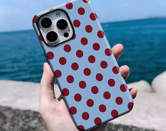 Sky Blue & Burgundy Polka Dot Phone Case - Retro Summer Cover, With iPhone 16, 15, 14, 13, 12, 11 Pro Max Plus X, Samsung S25 S24 S23 S22